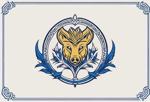 A classic tribal Celtic boar Integrated with a Chatwin, family crest and a Thistle. Simple with few lines. Blue and gold Chevron Chatwin family crest With the name, Chatwin and a Thistle tattoo idea