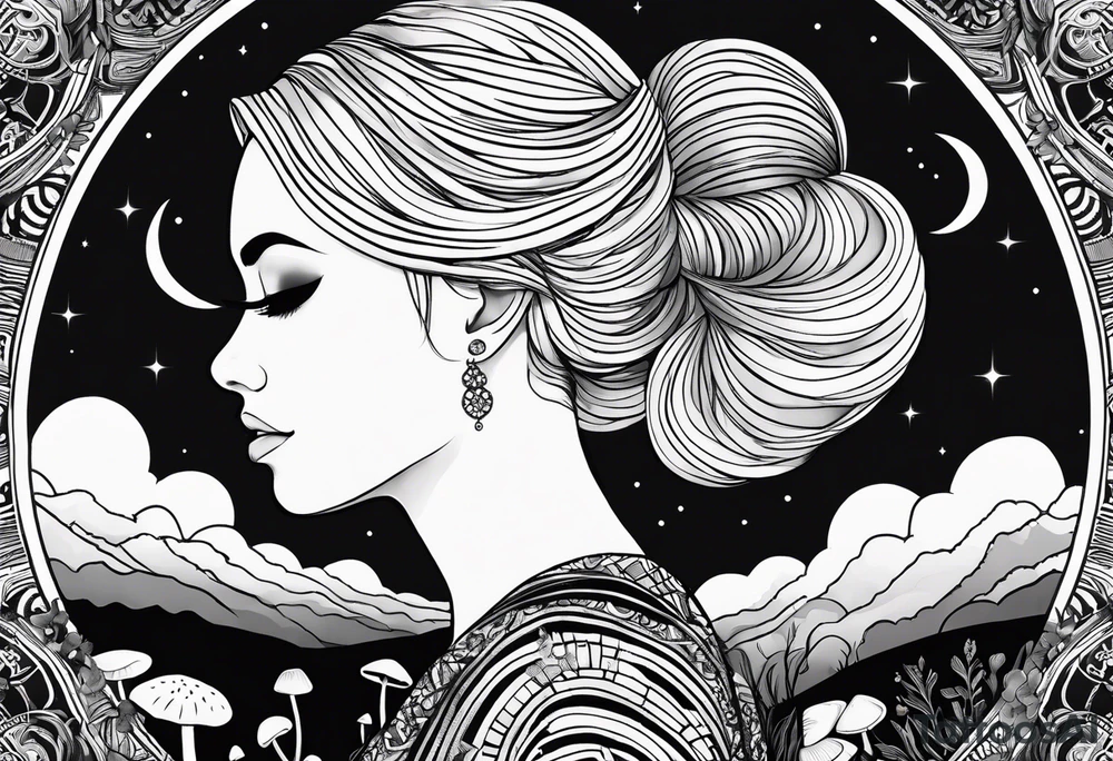 Straight blonde hair girl facing away toward mountains surrounded by mushrooms crescent moon mandala circular design black and white striped dress tattoo idea