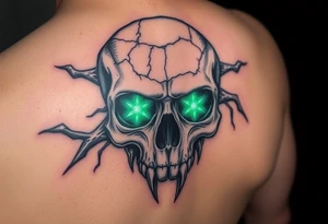 Close-up of a cracked skull with glowing emerald eyes, dark fantasy art. tattoo idea