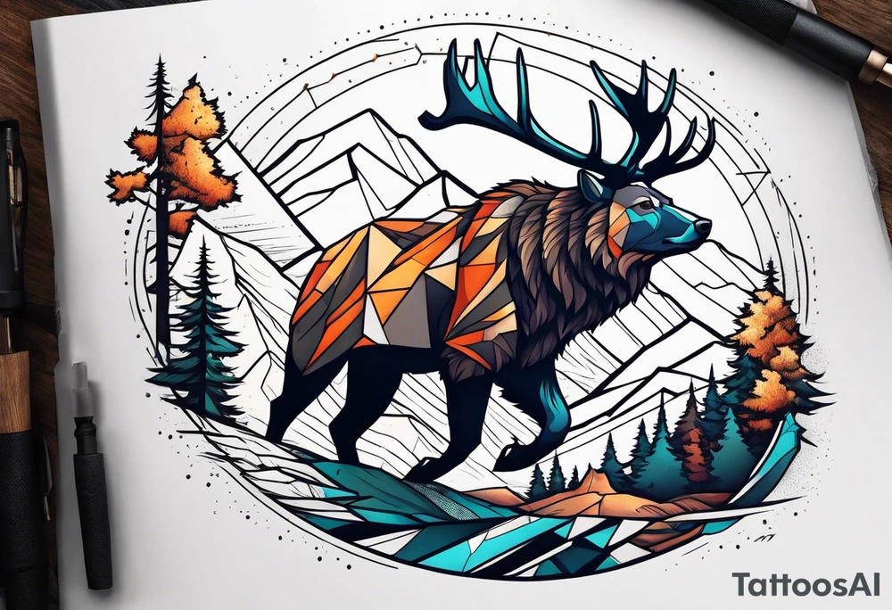 Hunter hunting deer being chased by a bear tattoo idea