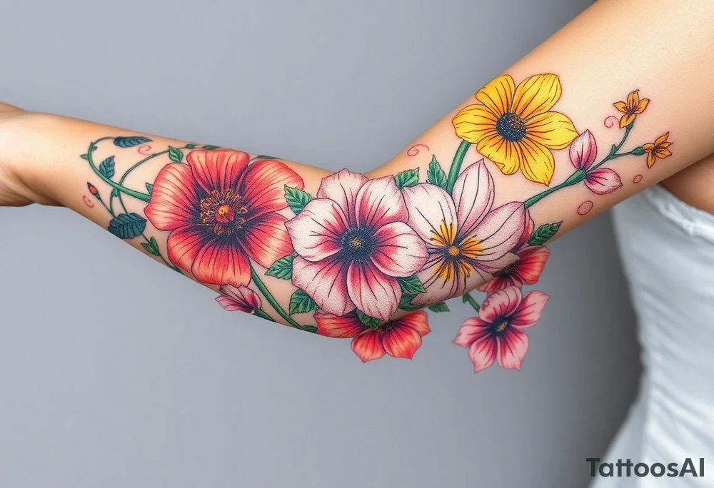 Fore arm tattoo in the neo american traditional style. I want to incorporate a few different flowers: Poppies, Morning Glory, Narcissus with green leaves in the background tattoo idea