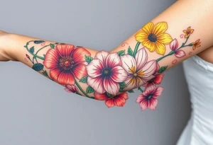 Fore arm tattoo in the neo american traditional style. I want to incorporate a few different flowers: Poppies, Morning Glory, Narcissus with green leaves in the background tattoo idea