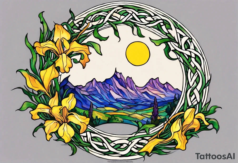 Create a small, colorful Vincent van Gogh Irises tattoo in the form of a crescent, with vines in Celtic knot style gracefully intertwining at a central point in the middle of the wreath. The intended placement is on the upper chest. The middle needs mountains. The overall design should be small in size while maintaining a delicate and artistic aesthetic. Pay attention to the graceful flow of the vines and the placement of the irises to achieve a refined and elegant look. tattoo idea