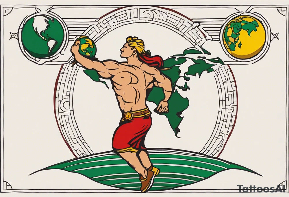 Traditional American tattoo of atlas carrying the world on his back, try to keep the colors to a minimum; red, green, brown, yellow tattoo idea