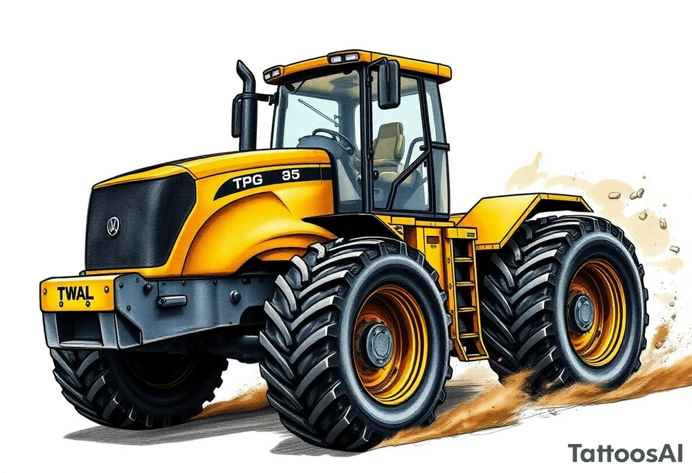 A hyper-realistic yellow tractor in motion, dust swirling around its massive tires. tattoo idea