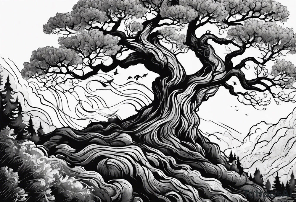 oak tree with phoenix tattoo idea