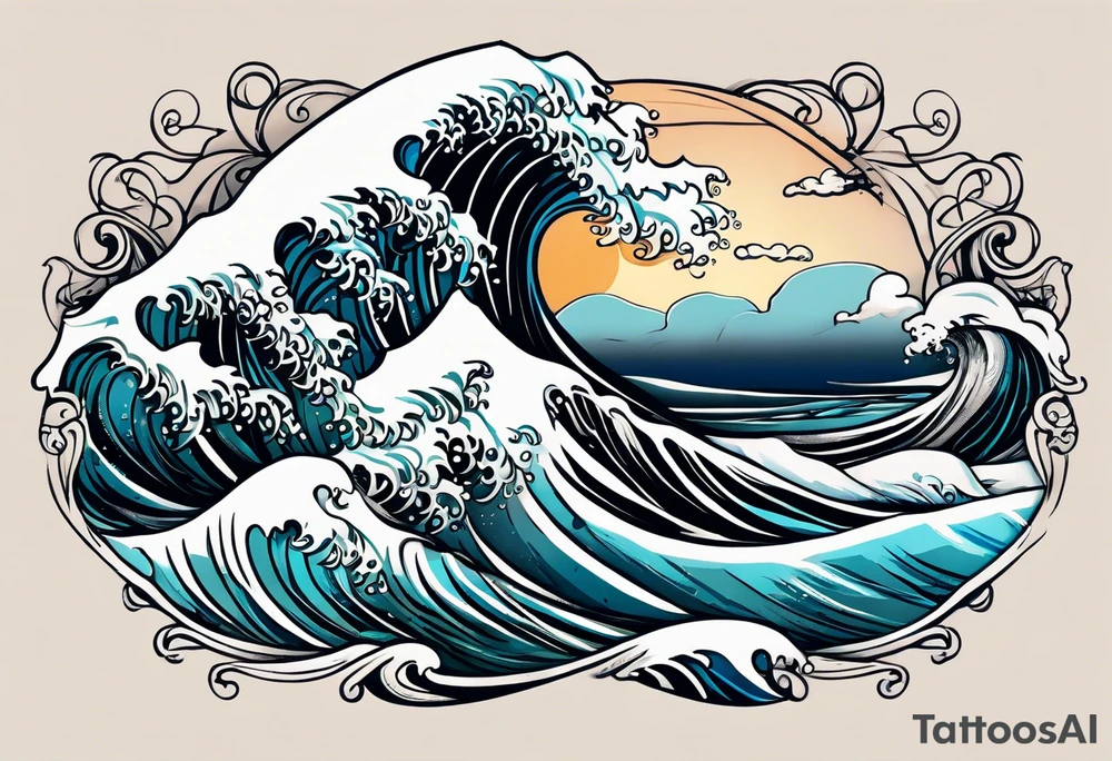 ocean waves with "come what may" written underneath in cursive for forearm tattoo idea