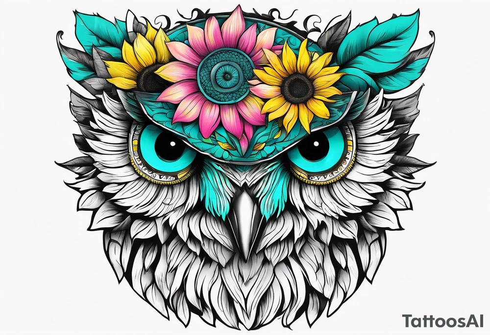 Sleeve with teal, pink and yellow owl and yellow sunflowers tattoo idea