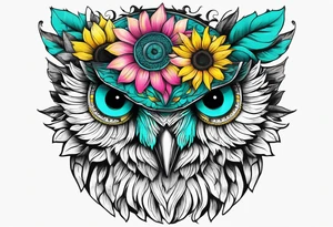 Sleeve with teal, pink and yellow owl and yellow sunflowers tattoo idea