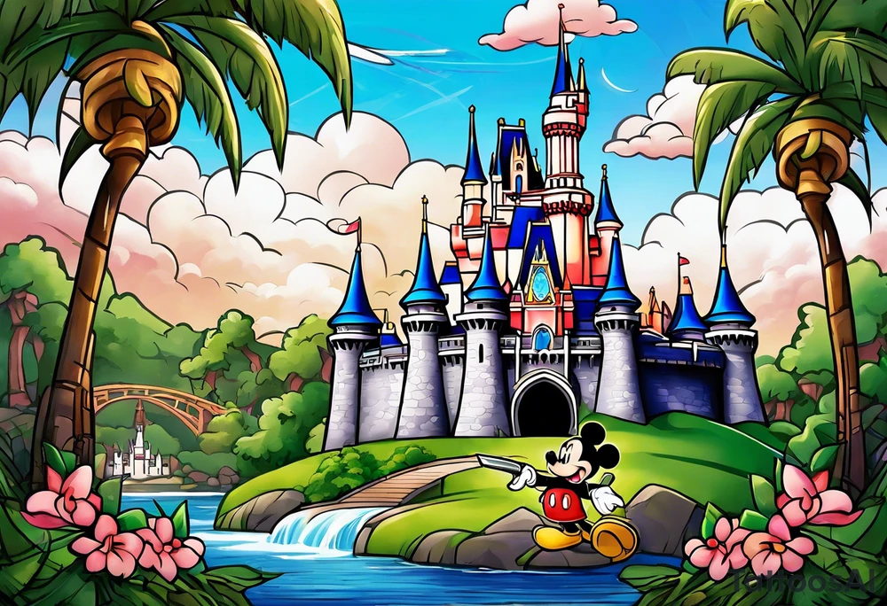 disney world castle with mickey mouse holding a knife in one hand and a stick in the other hand with palm trees and the celtic symbol for family tattoo idea
