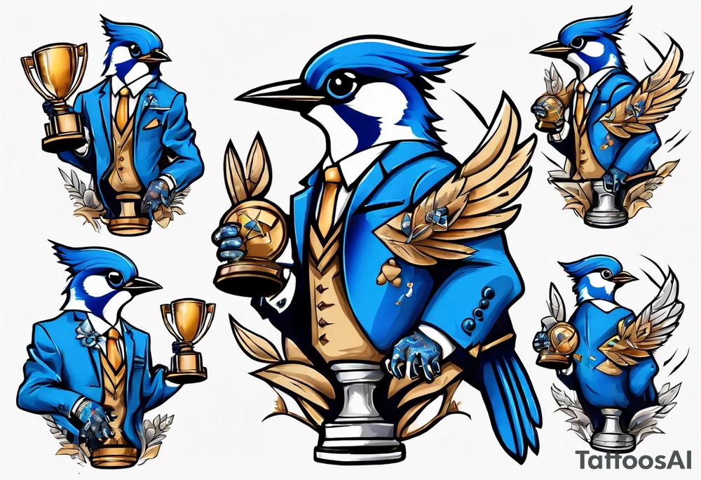 bluejay in a suit holding a trophy tattoo idea