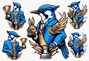 bluejay in a suit holding a trophy tattoo idea