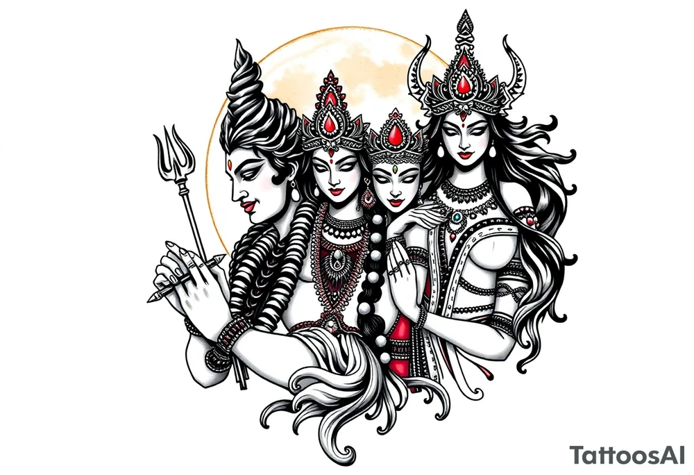 Lord Shiva, Godess Kali, Godess Lilith Together with the moon in the background tattoo idea