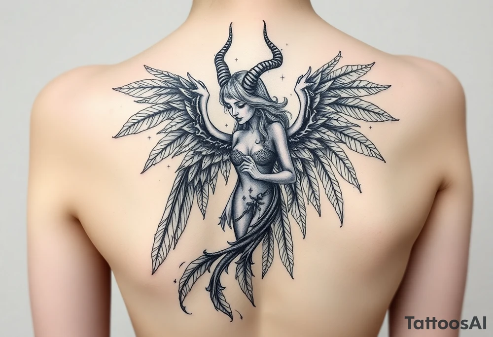 Gothic full body Woman Harpy with horns and lots of feathers tattoo idea