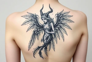 Gothic full body Woman Harpy with horns and lots of feathers tattoo idea