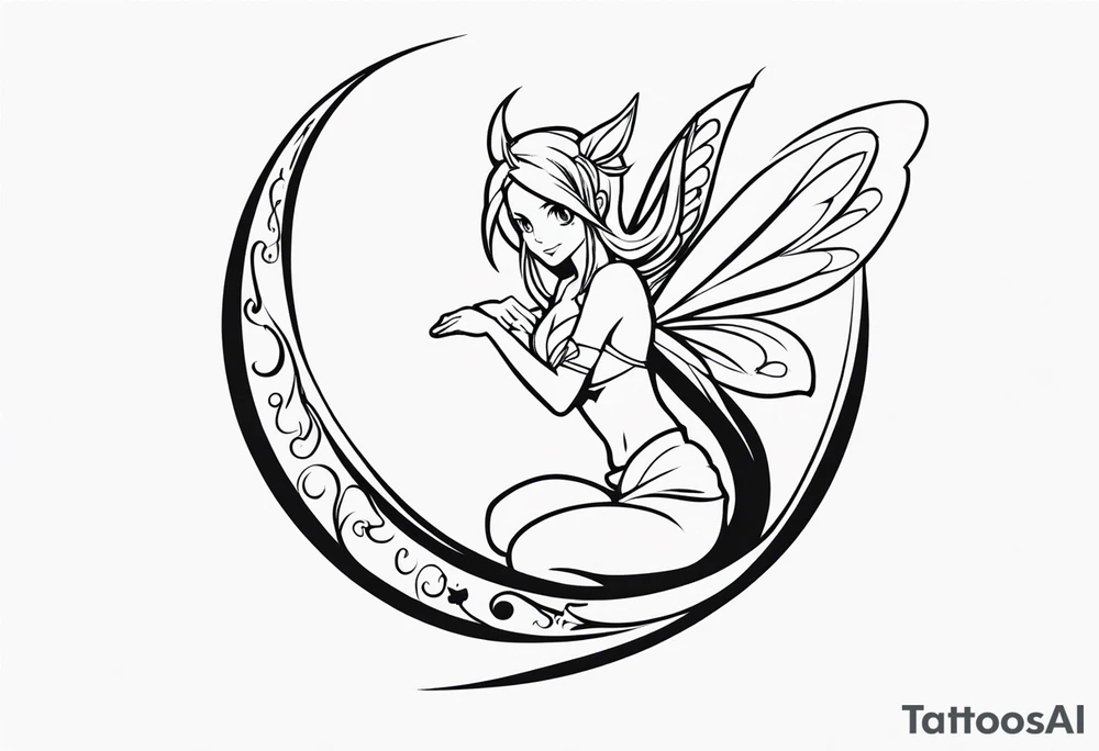 No color fairy with a tail inspired by the logo of the show called Fairy Tail in a fetal position leaning in and forward tattoo idea