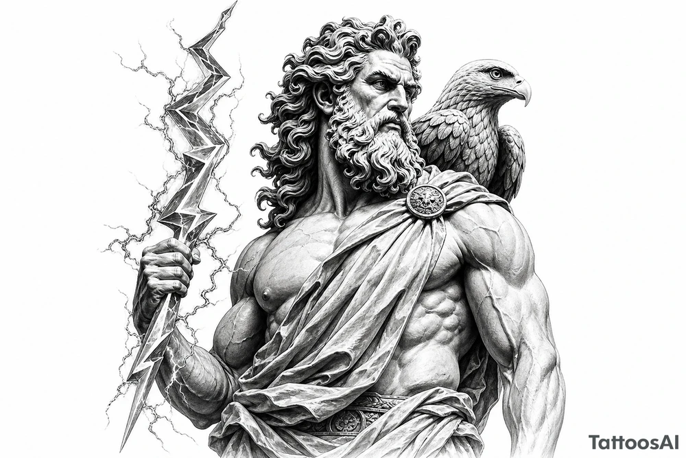 Zeus wielding a lightning bolt, eagle perched on his shoulder, classical Greek sculpture style. tattoo idea