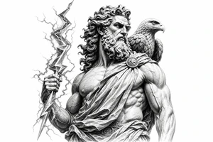 Zeus wielding a lightning bolt, eagle perched on his shoulder, classical Greek sculpture style. tattoo idea