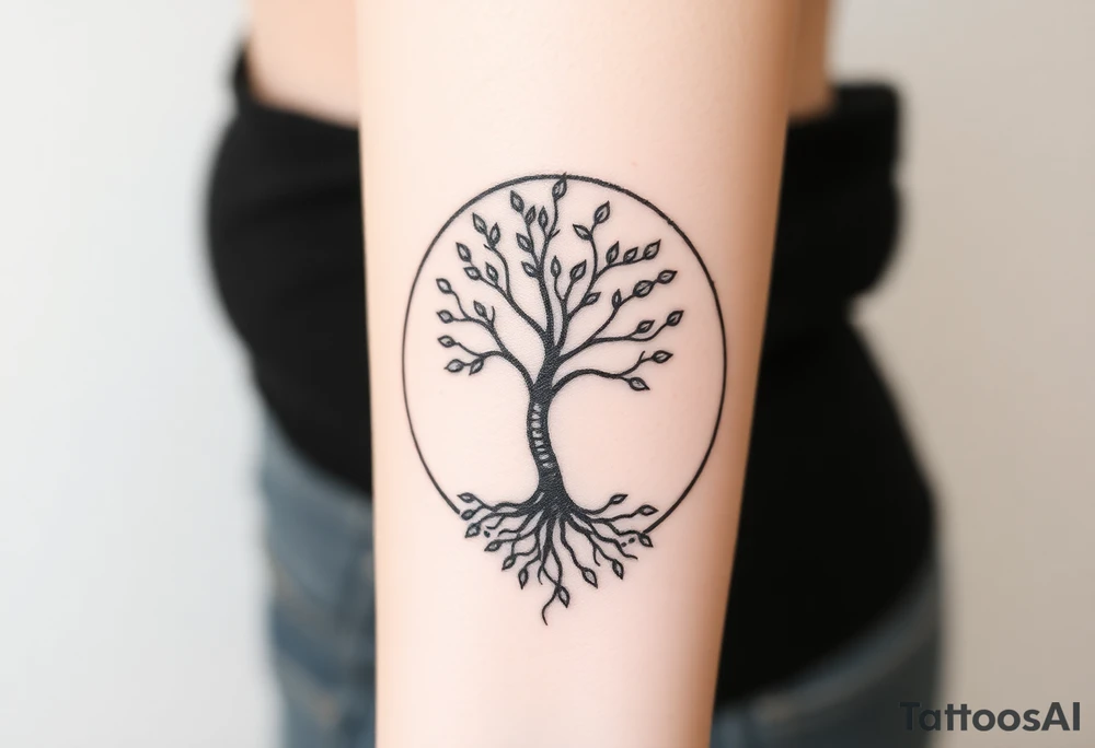 A tree inside of a circle, with few leaves, with an outward spiral line (moving to the right), as its roots, encircling the entire tree tattoo idea