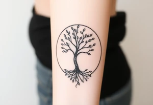 A tree inside of a circle, with few leaves, with an outward spiral line (moving to the right), as its roots, encircling the entire tree tattoo idea