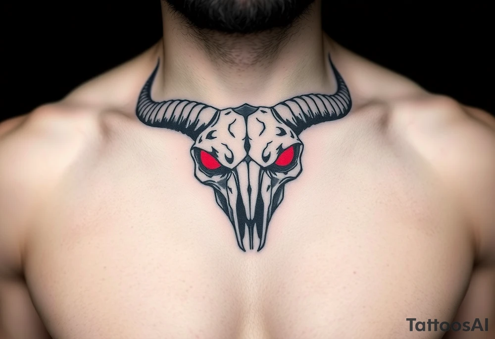 Evil Abstract looking taurus skull chest tattoo with red eyes tattoo idea
