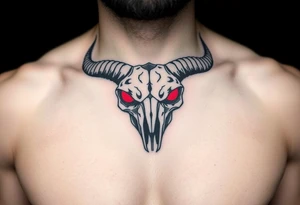Evil Abstract looking taurus skull chest tattoo with red eyes tattoo idea