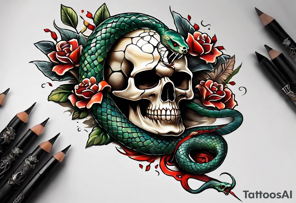 Snake wrapped around a dagger piercing through a skull tattoo idea