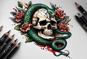 Snake wrapped around a dagger piercing through a skull tattoo idea