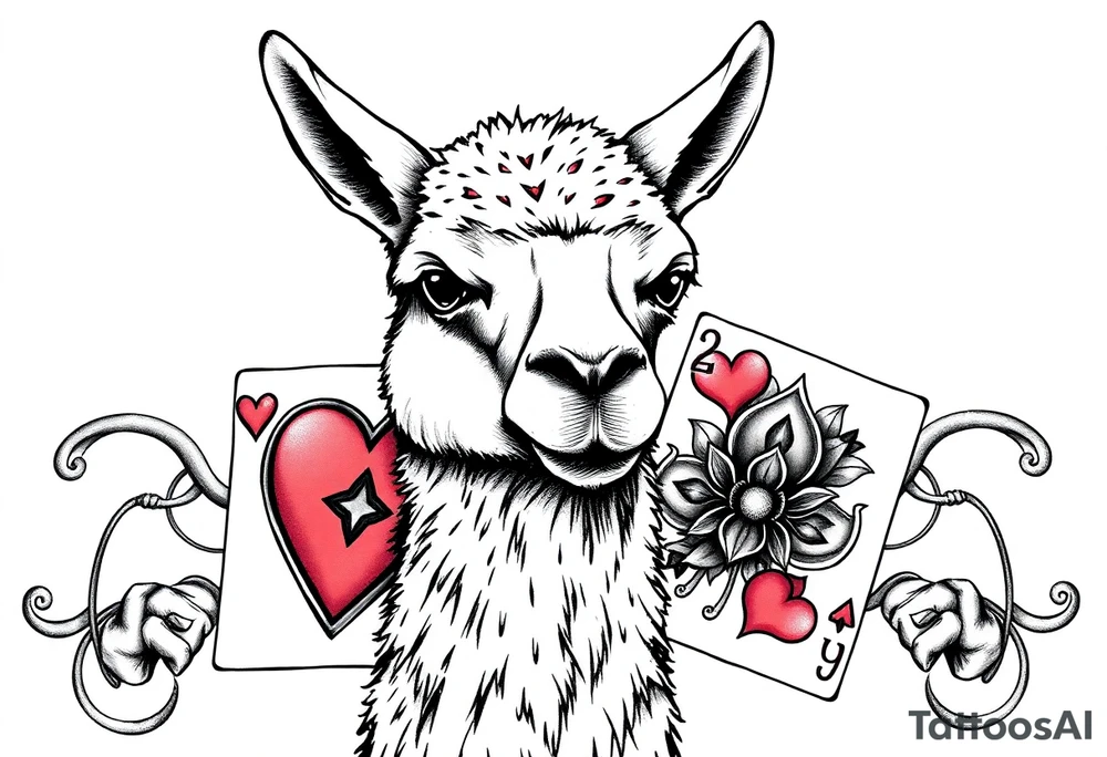 A llama with 2 of hearts and 4 of hearts playing cards tattoo idea