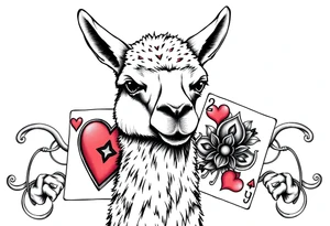 A llama with 2 of hearts and 4 of hearts playing cards tattoo idea