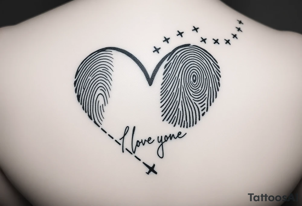 Two fingerprints merged into a heart shape, with the top right edge breaking away into a few small planes flying into the sky.

Signature Beneath the heart in the loved one’s handwriting flowing up into the heart

Take the first image and refine it. The line at the end of the signature should flow upward, creating the right side of the heart and flows into a planes design

Continue to refine the first image. Have the signature start in the left side from the scrolls in the fingerprint. Fade the fingerprint design all the way up to the top right. The entire right side of the heart should have fingerprint design in it but you should be able to distinguish the signature. The signature should be the bottom border of the heart and it's lines should define the bottom left side of the heart and should flow upwards into the plane tattoo idea