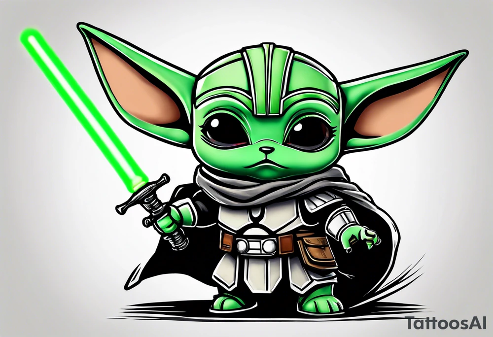 Baby grogu wearing mandalorian armor fighting Darth vader while wielding a green lightsaber tattoo idea