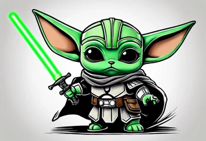 Baby grogu wearing mandalorian armor fighting Darth vader while wielding a green lightsaber tattoo idea