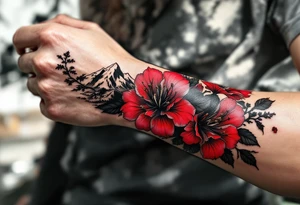 wrap around entire wrist red  and black rhododendron trippy with Himalayas behind tattoo idea