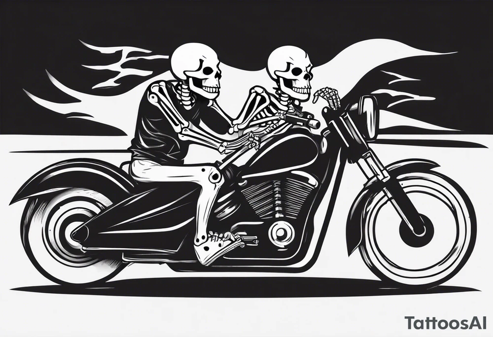 A skeleton and a Pitt bull driving a motorcycle tattoo idea