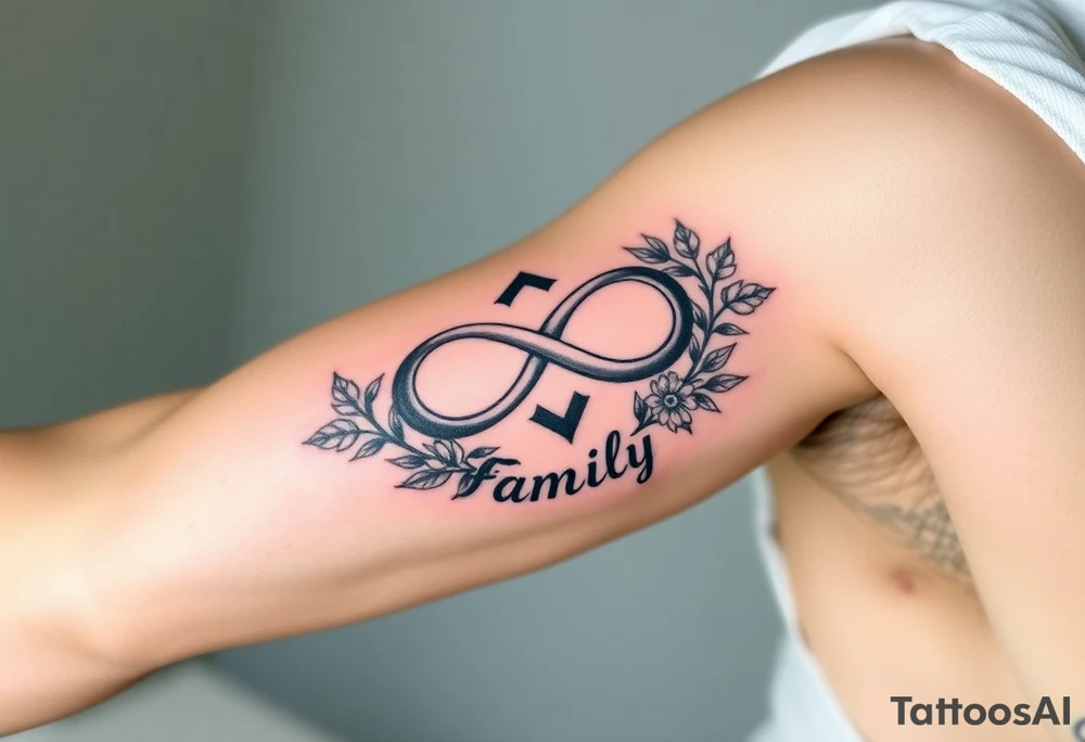 An infinity symbol surrounded by a wreath of wildflowers, with the word "family" flowing beneath tattoo idea