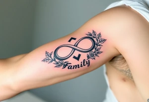 An infinity symbol surrounded by a wreath of wildflowers, with the word "family" flowing beneath tattoo idea