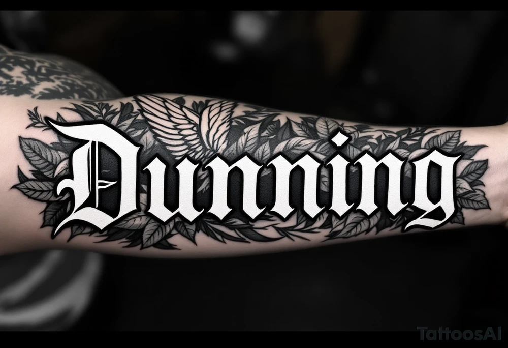 Dunning, left forearm details include angel wing, greek type of font,jungle leaves, name is big and in white color tattoo idea