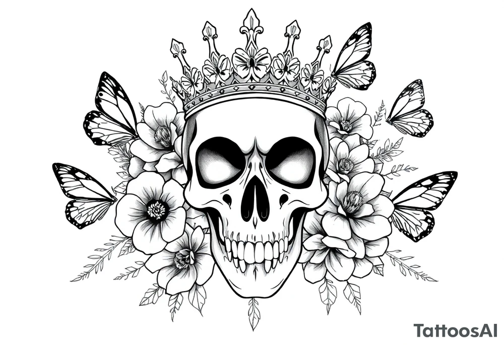 ornate skull adorned with gorgeous crown surrounded by boho flowers and butterflies tattoo idea