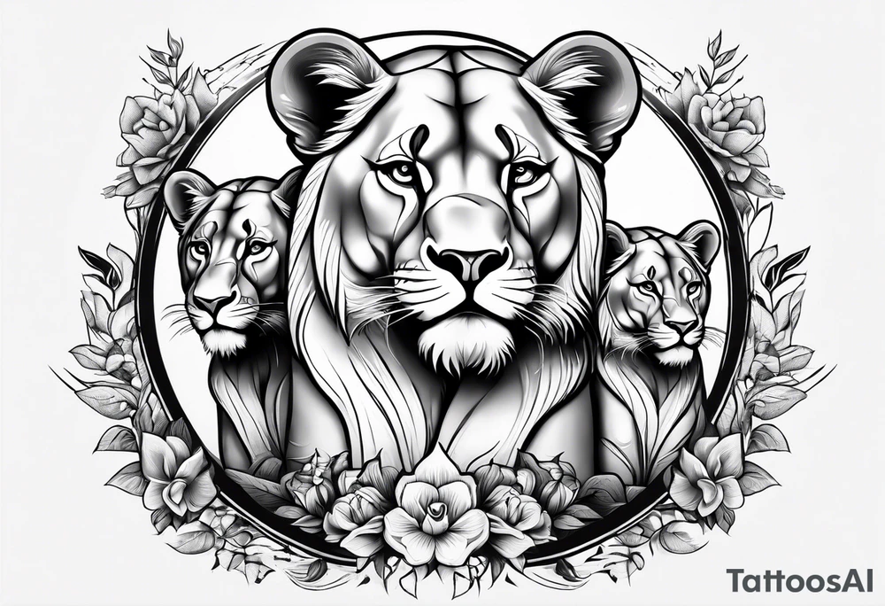 Lioness on her hind legs
 protecting her two cubs tattoo idea