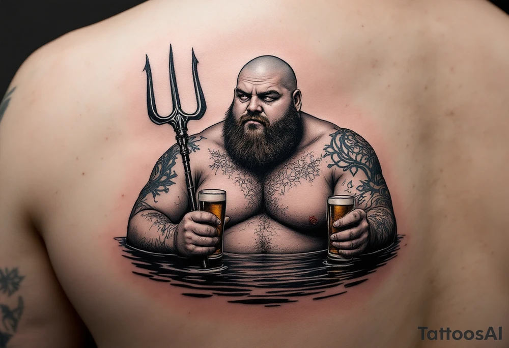 Gay fat guy, shaved, with trident, half way in calm water, with a beer tattoo idea