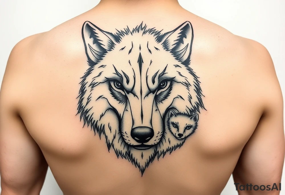 A solitary yet sublime and noble wolf and its progeny. the face tattoo idea