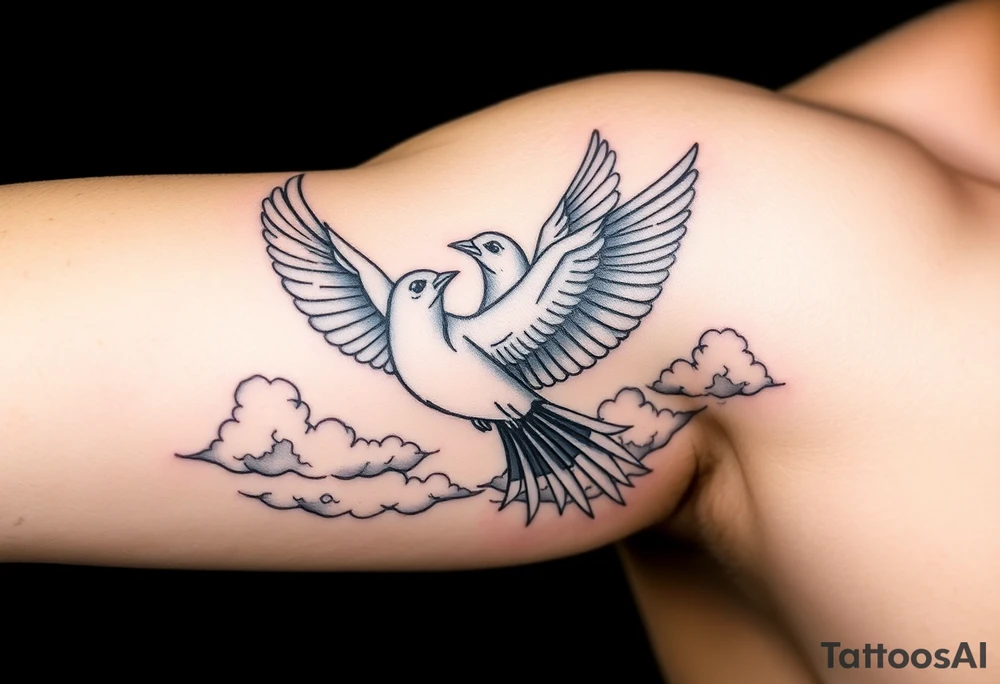 Dove and a blue jay, clouds, shining light to or from heaven tattoo idea