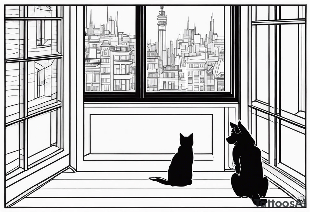 dog and cat sitting on floor and looking out tall thin window together tattoo idea