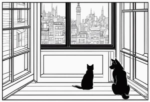 dog and cat sitting on floor and looking out tall thin window together tattoo idea