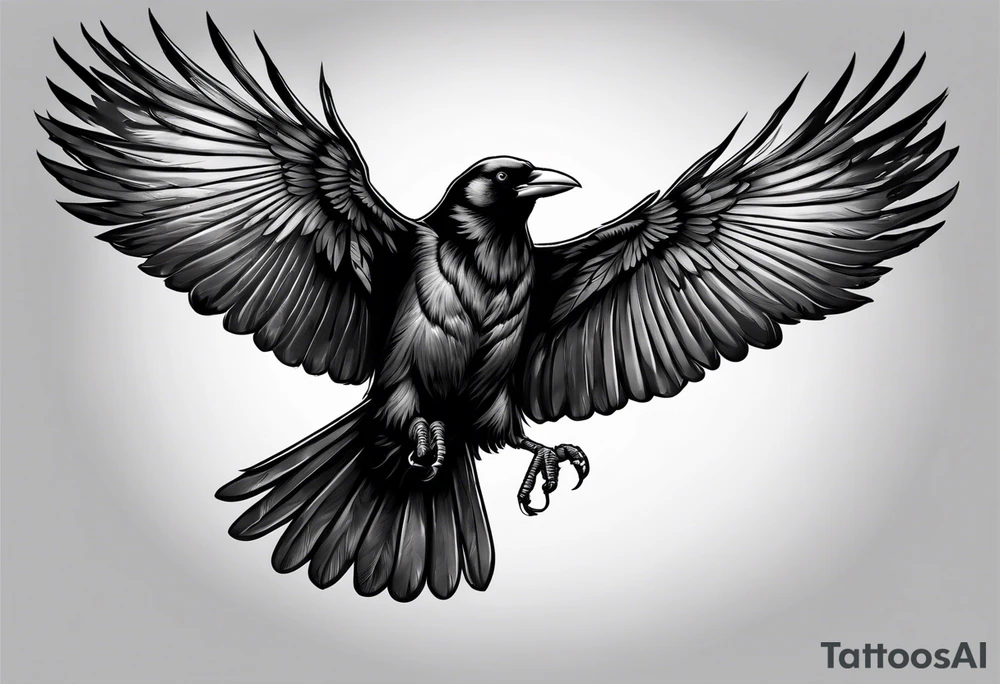 Crow flying staring facing front with wings wide open tattoo idea