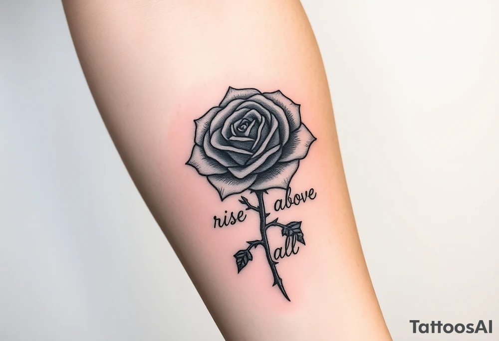 rose tattoo with thorns saying rise above all tattoo idea
