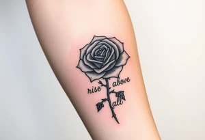 rose tattoo with thorns saying rise above all tattoo idea