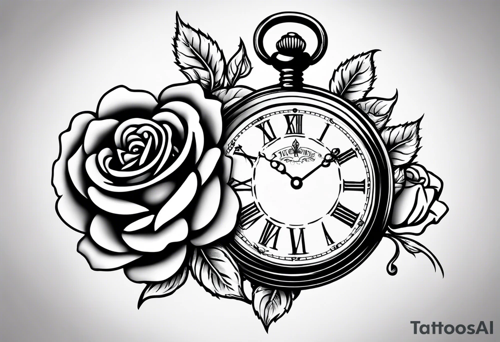 pocket watch with chain and roses tattoo idea