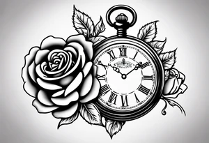 pocket watch with chain and roses tattoo idea